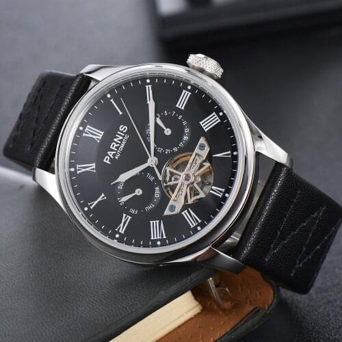42.5mm PARNIS white black dial sea-gull 2502 automatic mens watch date week flywheel function