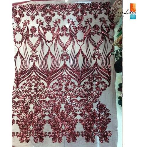 Burgundy Sequins African Net Lace Fabrics 2019 High Quality Unique Design Sequined Embroidered Guipure Mesh Tulle Prom Material