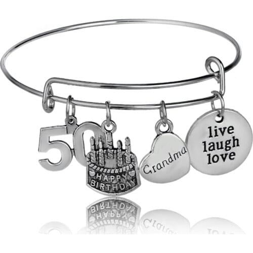 Retro Grandma Live Laugh Love Bangle 50 60 Fabulous Enamel Goblet Bracelet Birthday Cake Stainless Steel Pendant Wristband