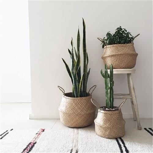 Household Foldable Natural Seaweed Woven Storage Pot Garden Flower Vase Hanging Basket Storage Basket Home Decor Planter