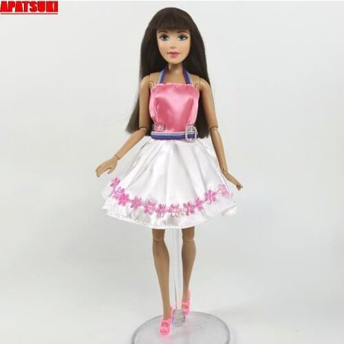 One-Piece Off-Shoulder Outfits Doll Clothes for Barbie Pink Color Short Dress for Barbie Doll Clothes Dollhouse Toy for Kid Girl
