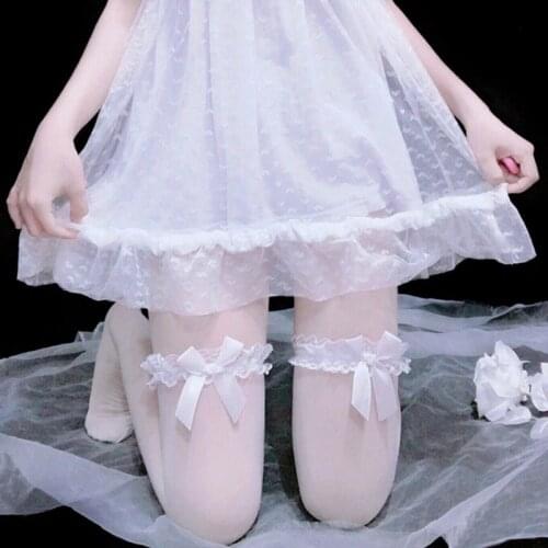 Women Sweet Ruffled Lace Top Thigh High Stockings Bow Knot Sexy See-Through Silky Over The Knee Long Socks Kawaii Maid Hosiery