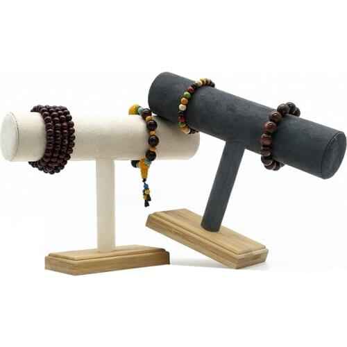 1Pc Bamboo Wood Single Tier T-Bar Rack Bracelet Watch Bangle Display Holder Stand Dark Gray/Beige Velvet Jewelry Organizer