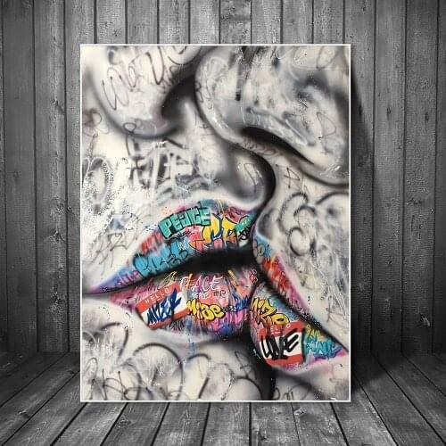 Lover Kiss Graffiti Art Painting on the Wall Art Posters and Prints Street Art Sexy Lips Nordic Art Pictures For Living Room