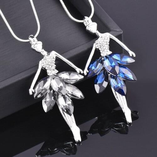 KIOOZOL Elegant Charm Dancer Cubic Zirconia Blue White Color Dress Pendant Long Necklace For Women Retro Fashion Jewelry 342 KO2