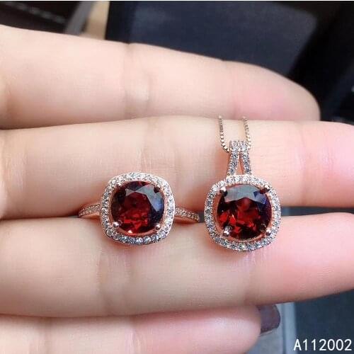 KJJEAXCMY fine jewelry natural garnet 925 sterling silver women gemstone pendant necklace chain ring set support test exquisite