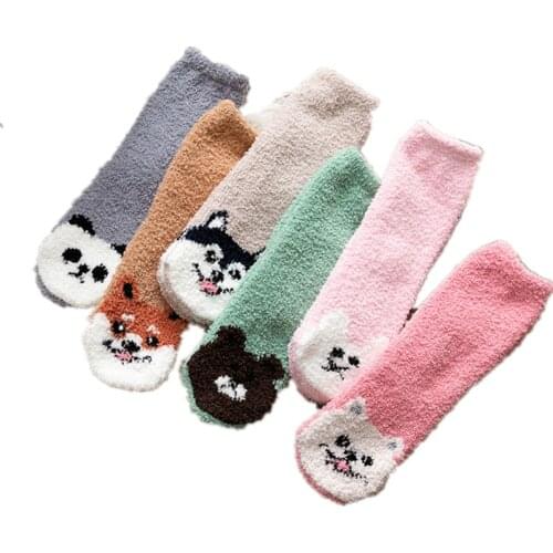 Coral Velvet Cotton Thicken Cashmere Socks Women Kawaii Bear Fluffy Funny Ladies Short Sock Dog Fashion Warm Casual Harajuku Sox