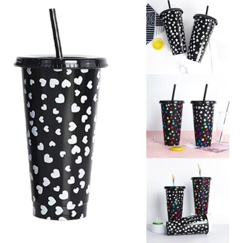 Color Changing Cups with Lids and Straws Reusable BPA Free Cold Drink Cups Heart Shape Pattern for Kids