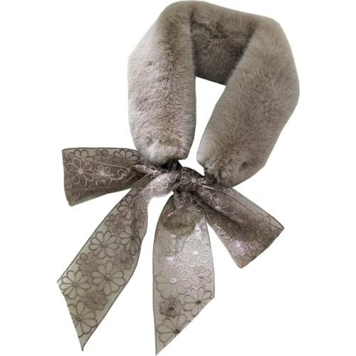 Fashion Winter Plush Women Scarf Warm Rabbit Faux Fur Lace Ribbon Patchwork Collar Shawl Neck Wraps Femme Muffler Fular Encharpe