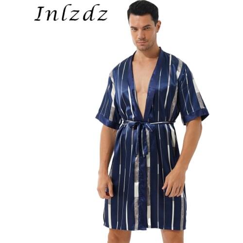 Mens Open Front Bathrobe Striped/Letter Print Satin Robes Sleepwear Short Sleeve Belted Night-robe Nightwear Sleep Loungewear