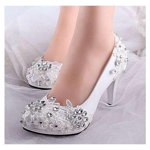 High 9CM heel platforms silver crystal rhinestones lace wedding shoes bride handmade small big plus sizes bridal lace pumps