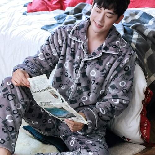 H5907 Printed Pajamas Men Winter Lapel Thick Warm Flannel Nightwear Suit Home Clothing Male Coral Fleece Long Sleeve Sleepwear