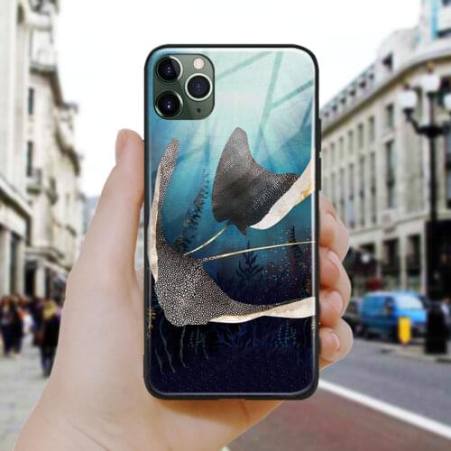 Nordic Abstract Stingray Metallic style Silicone Glass Phone Case Cover For iPhone SE 6 6s 7 8 Plus X XR XS 11 12 Mini Pro Max