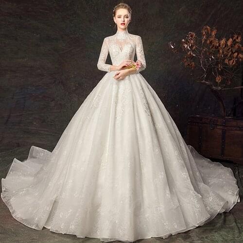 High Neck Three Quarter Sleeve Open Back Beading Appliques Lace Bridal Wedding Dresses A-Line robe De Soirée De Mariage