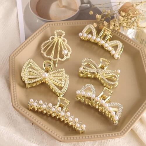 VKME Korean Fashion Gold Pearl Bow Hair Clip For Women Elegant Girl Hair Claws Clamps Geometric High Quality Hair Clips Claw