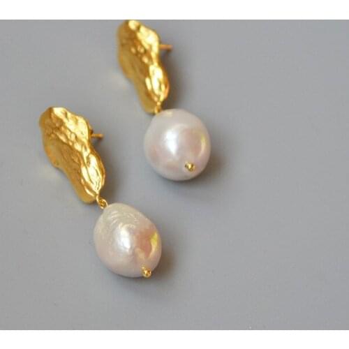 Women gold plated hammered real gold plated baroque pearl earrings drop