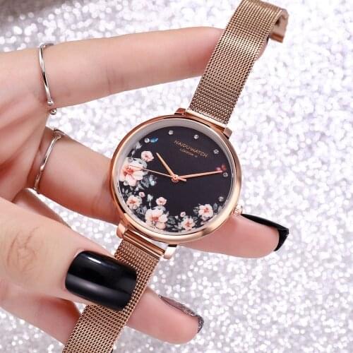Rose Gold Women Watches Flower Dial Stainless Steel Mesh Ladies Wristwatch Bracelet Band Watch Women Clock Relogio Feminino