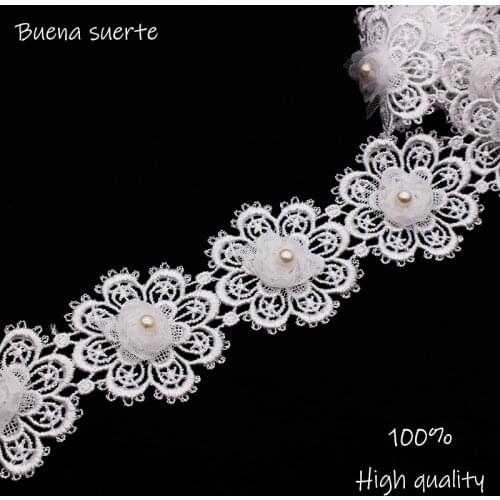 1Yard(18pcs) Polyester White flowers Pearl Embroidered Lace Trim Ribbon Fabric Handmade Sewing Craft For Costume Hat Decoration