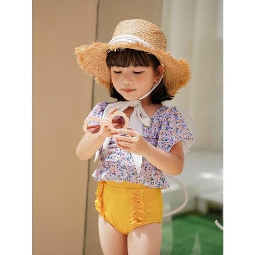 2021 Summer New 3-10 Years Girls Swimwear Floral Ruffle Sleeve Cute Baby Girl Swimsuit High Waist Shorts Beach Wear 2 Piece Set