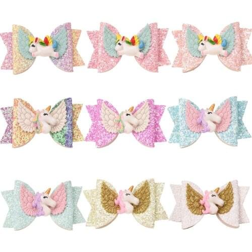 45PCS 3inch Unicorn Hair Accessories Sequin Unicorn Bow Cute Barrettes Boutique Hairclip Headwrap Glitter Bow Accessories