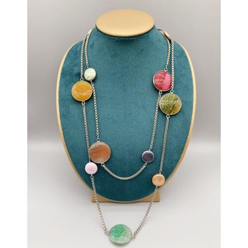 Multicolor Agates Long Necklace With Freshwater Coin Pearls Silver Box Chains For Women and Girls Gifts 48 Inch