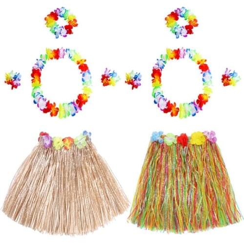 Hawaiian Garland Hula Skirt Dance Party Costume Set Plastic Fibers Women Grass Skirts Hula Skirt Hawaiian Costumes Party Supplie