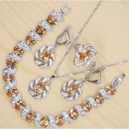 GZJY Orange Jewelry Sets for Women 925 Silver Stamp Earrings Necklace Pendant Wedding Ring Crystal Bracelet Set for Party Gift