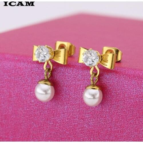 ICAM 316l Surgical Steel Crystal Pearl Gem Silver Gold Color Ear Stud Simple Style Bowknot Earrings Sexy Girls Jewelry