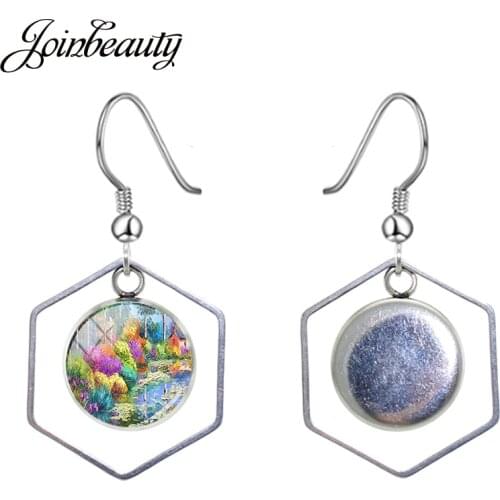 JOINBEAUTY Landscape Famous Oil Painting Picture Glass Drop Earrings Polygon Hollow Fashion Pendant Jewelry Gift Earring PT01