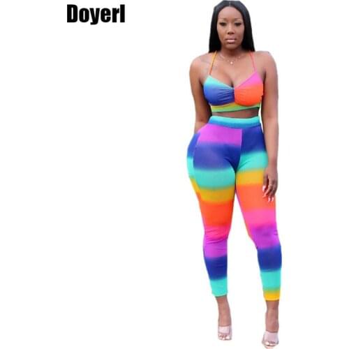 Rainbow Striped Sexy 2 Piece Set Women Tracksuit Summer Clothing Sets Bodycon Two Piece Crop Top and Pants Matching Sets Outfits