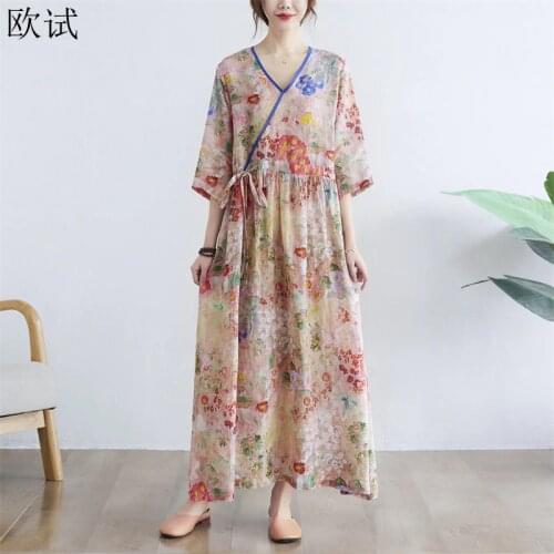 Oversized Summer Floral Dress Women Cotton Linen Ladies Loose Casual Dresses Woman Long Dress New Arrival Femme Dress 2021