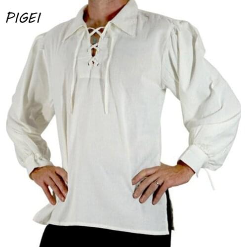 Mens Medieval Renaissance Viking Bandage Stand Collar Shirt Top Black White Blouse Loose Casual Long Sleeve Male Casual Shirts