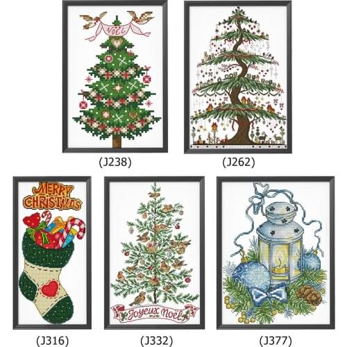 Stamped Cross Stitch Kits Christmas Tree Sock Lantern Embroidery Sets DIY 2-Strand Cotton Thread 14CT Pre Printed Fabric