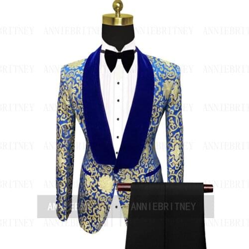 2021Latest Royal Blue Velvet Printed Flower Formal Wedding Suit Slim Fit MenTuxedo Business Dinner Jacket Tailored Blazer Pants