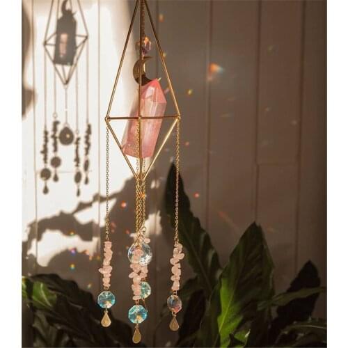 New sun catcher pink aura quartz crystal wirh rose quartz beads Crystal Sun Catcher for Window Aura Crystal Rainbow Catcher Hoho