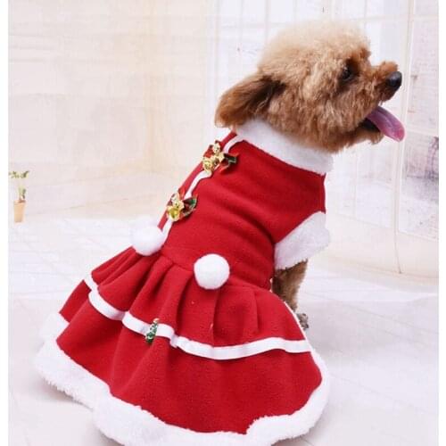 Pet Autumn And Winter Warm Clothes Dog Girls Costume Red Dress Puppy Warm Fleece Skirt For Christmas
