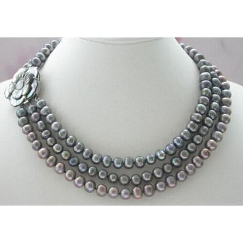 Natural Freshwater Baroque Pearl 3 Rows 7-8mm Shell Flower Clasp Necklace 18