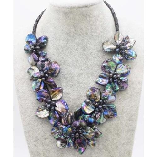 Women Classic Jewelry black natural pearl 7 flower black colors baroque shell pearl necklace black leather 18" 45cm