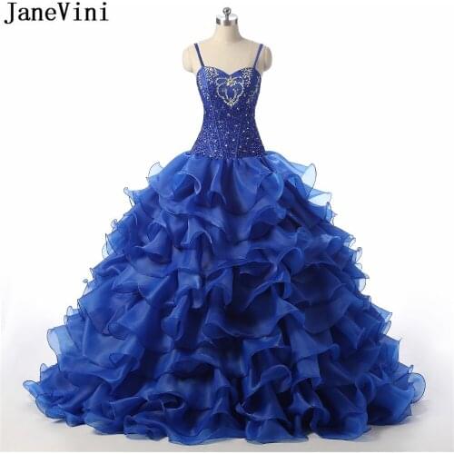 JaneVini Organza Royal Blue Bridesmaid Dresses Ball Gown Cascading Ruffles Spaghetti Straps Beading Floor Length Prom Party Wear