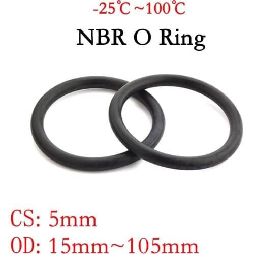 50pcs NBR O Ring Seal Gasket CS 5mm OD 15~105mm Nitrile Butadiene Rubber Spacer Oil Resistance Washer Round Shape Black