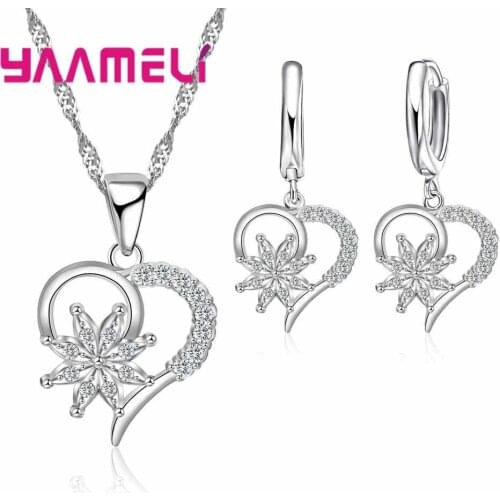 Luxury Austrian Crystal Heart Flowers Necklace Earrings Jewelry Set For Women Bridal Wedding 925 Sterling Silver Bijoux