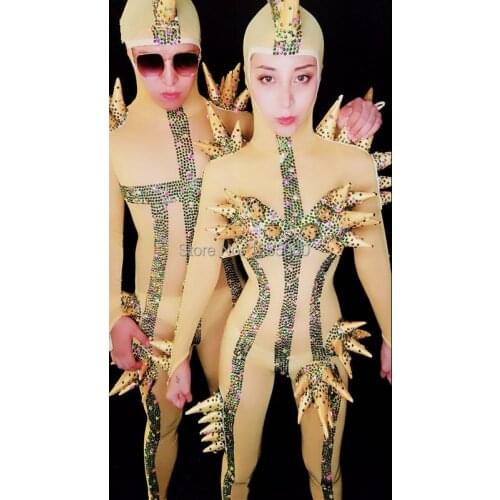 Colorful Rhinestones Perspective Mesh Zentai Jumpsuit Sexy Men Women Leotard Jumpsuit Nightclub Stage Costume Cosplay Dance Wear