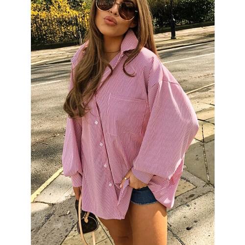 Tossy Women Casual Shirts Oversized Bodyfriend Style Outwear Summer Lantern Sleeve Long Shirt Coat Pink Stripe Loose Top Blouse