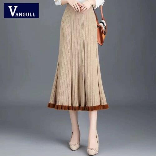 Vangull Mid-length Knitted Sweater Skirt Women Korean Version Autumn Winter New Female High Waist A-line Pleated Woolen Skirt