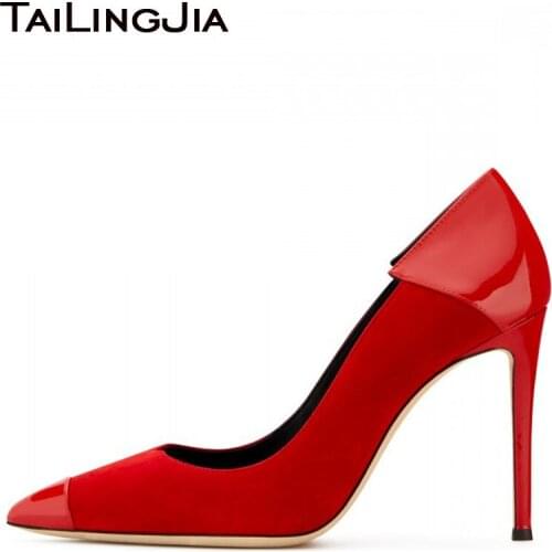 Women Pumps Elegant Party Dress Dance Heels Wedding Bridals Pointed Toe Red Faux Suede Patent Leather Slip On Fashion Shoes 2019