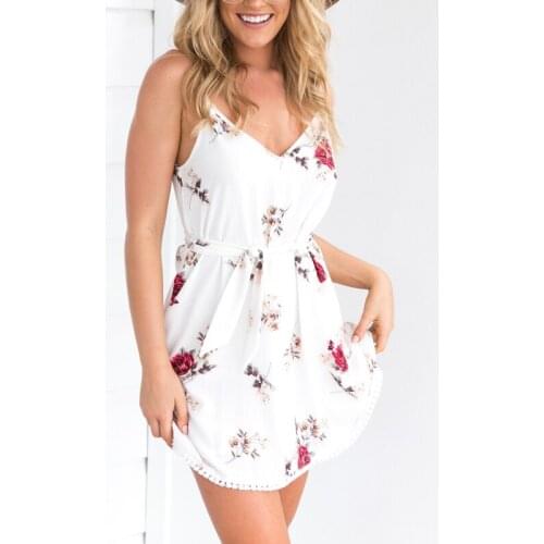 Women Summer Boho Short Mini Dress Evening Party Beach Dresses Ladies Sleeveless V Neck Floral Chiffon White Sundress Hot