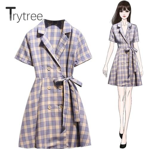 Trytree 2020 Summer Women Casual Dress Turn-down Collar Plaid A-line Fashion Purple Bandage Double Breasted Elegant Mini Dress