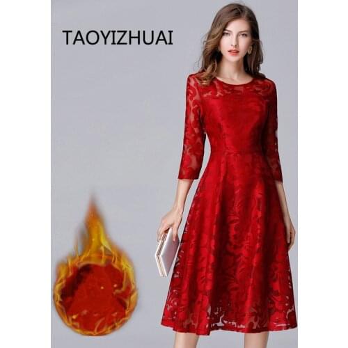 TAOYIZHUAI 2019 New Arrival Winter Vintage Red Style Hollow Out Floral Cuffs Plus Size Empire Mid-Calf Long Women Dress 14060R