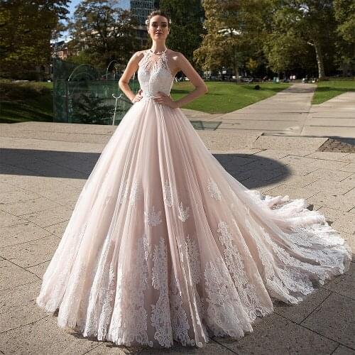 Vestido De Novia Halter Neck Lace Vintage Wedding Dresses Elegant Appliques Backless Court Train A Line Bridal wedding Gowns
