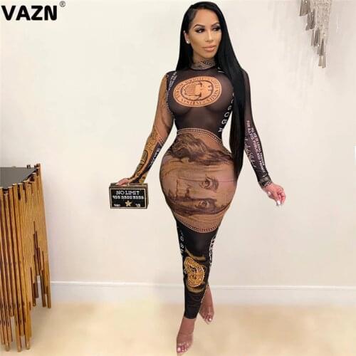 VAZN 2020 Autumn New Arrival Plus Size Vintage Joker Soft Elastic Turtleneck Full Sleeve Women High Waist Thin Maxi Dress
